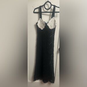 Chic Black Dress with White Crochet Accents